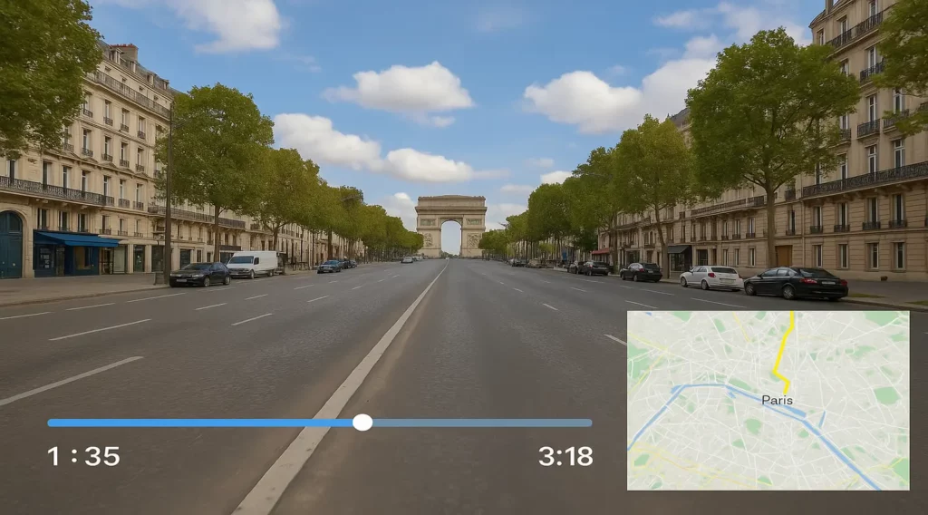 Virtuelle Trainingsroute in Paris auf dem Display eines Ergometers mit App – realistisches Fahrgefühl durch smarte App-Steuerung und virtuelle Streckenansicht.