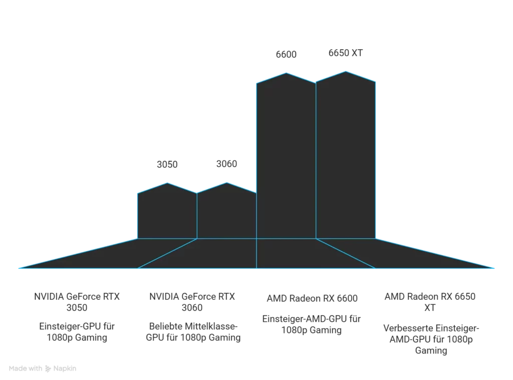 Grafikkarten-Leistungsvergleich für Einsteiger-Gaming-PCs – RTX 3050 bis RX 6650 XT im 1080p-Test Vergleichsdiagramm der Grafikkarten RTX 3050, RTX 3060, RX 6600 und RX 6650 XT zur Darstellung ihrer Gaming-Leistung für Einsteiger-PCs im 1080p-Bereich.