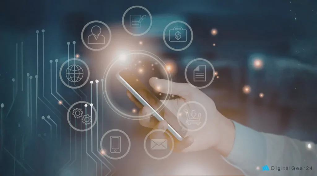 Hand hält Smartphone mit digitalen Zukunftssymbolen – Darstellung moderner Elektronik Trends und vernetzter Technologien