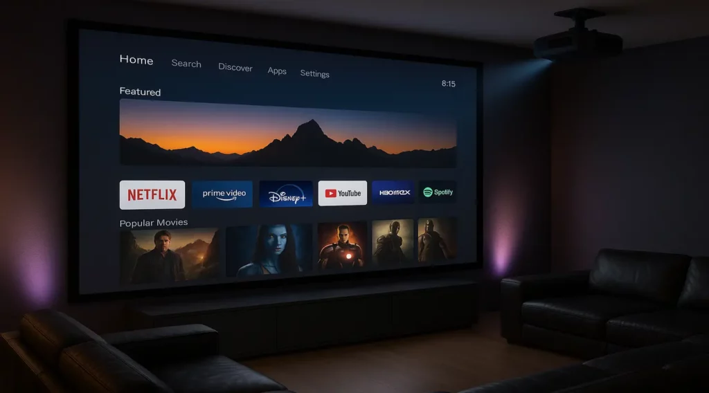 Modernes Home-Cinema mit großer Leinwand, Smart-TV-Menü und schwarzem LED Beamer 4K an der Decke, U-förmige schwarze Ledercouch, leicht abgedunkelter Raum.