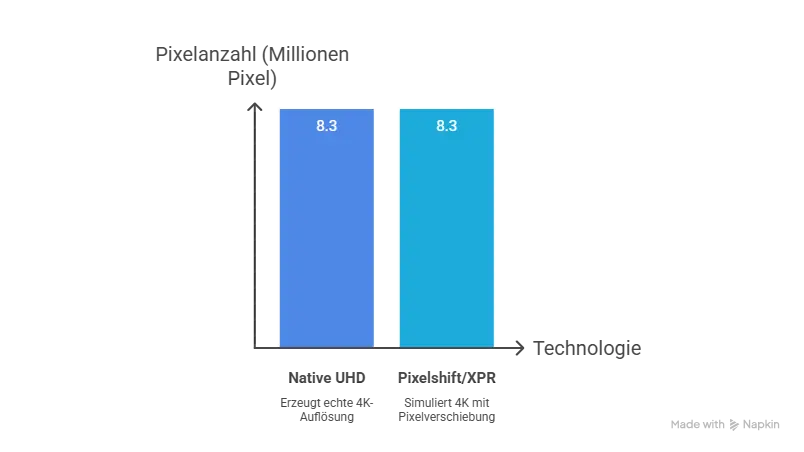 Vergleichsgrafik zu LED Beamer 4K: Native UHD-Panels vs. Pixelshift/XPR-Technologie mit Pixelanzahl, Schärfe und Bewegungsdarstellung.