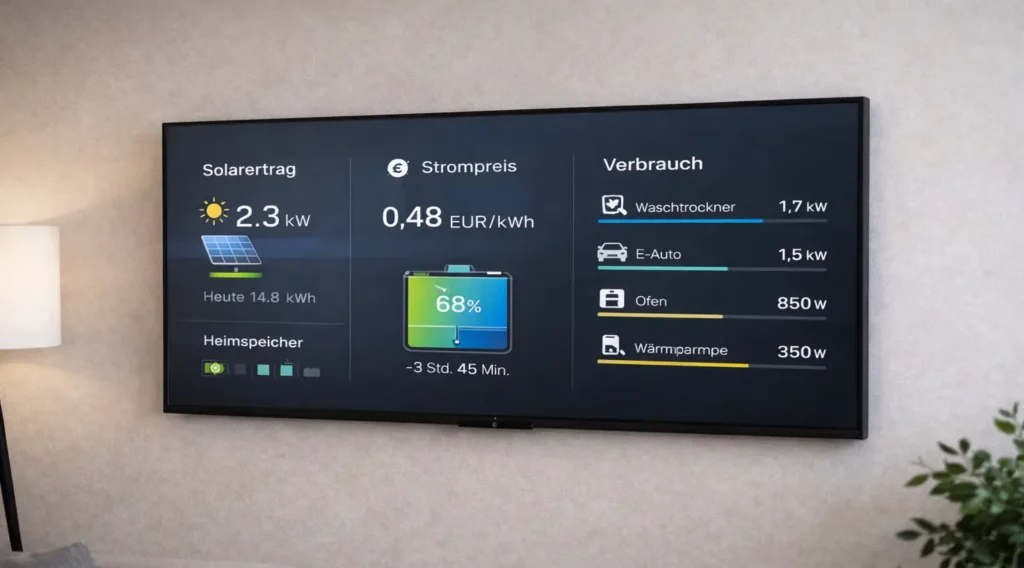 Smart Home Trends, zentrale Wand-Display, die eine ganzheitliche Energiebilanz des Hauses zeigt: Solarertrag, aktueller Strompreis, Status des Heimspeichers und Verbrauch der Großgeräte.