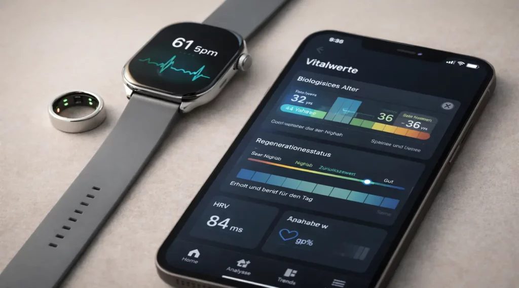 Technik Trends Innovative Wearables, eleganter Smart Ring + minimalistische Smartwatch, daneben ein Smartphone mit einem klaren Dashboard für Vitalwerte inkl. „biologisches Alter“ und „Regenerationsstatus“.