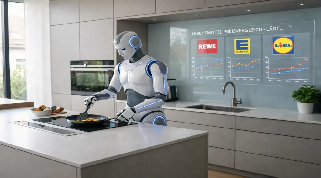 Zukunftstechnologie Konzepte, Humanoide-Roboter in einer moderner (eher spezialisiert als humanoid) cleanen Küche, mit transparentem HUD im Hintergrund, das klar lesbare Lebensmittel-Preisvergleiche zeigt.